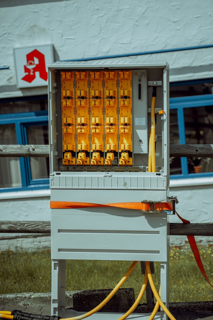 Sunlit electrical box with orange wires in Morsbach, France, outdoors on a bright day.